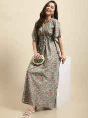 Green Sanganeri Screen Print Kaftan Night Dress