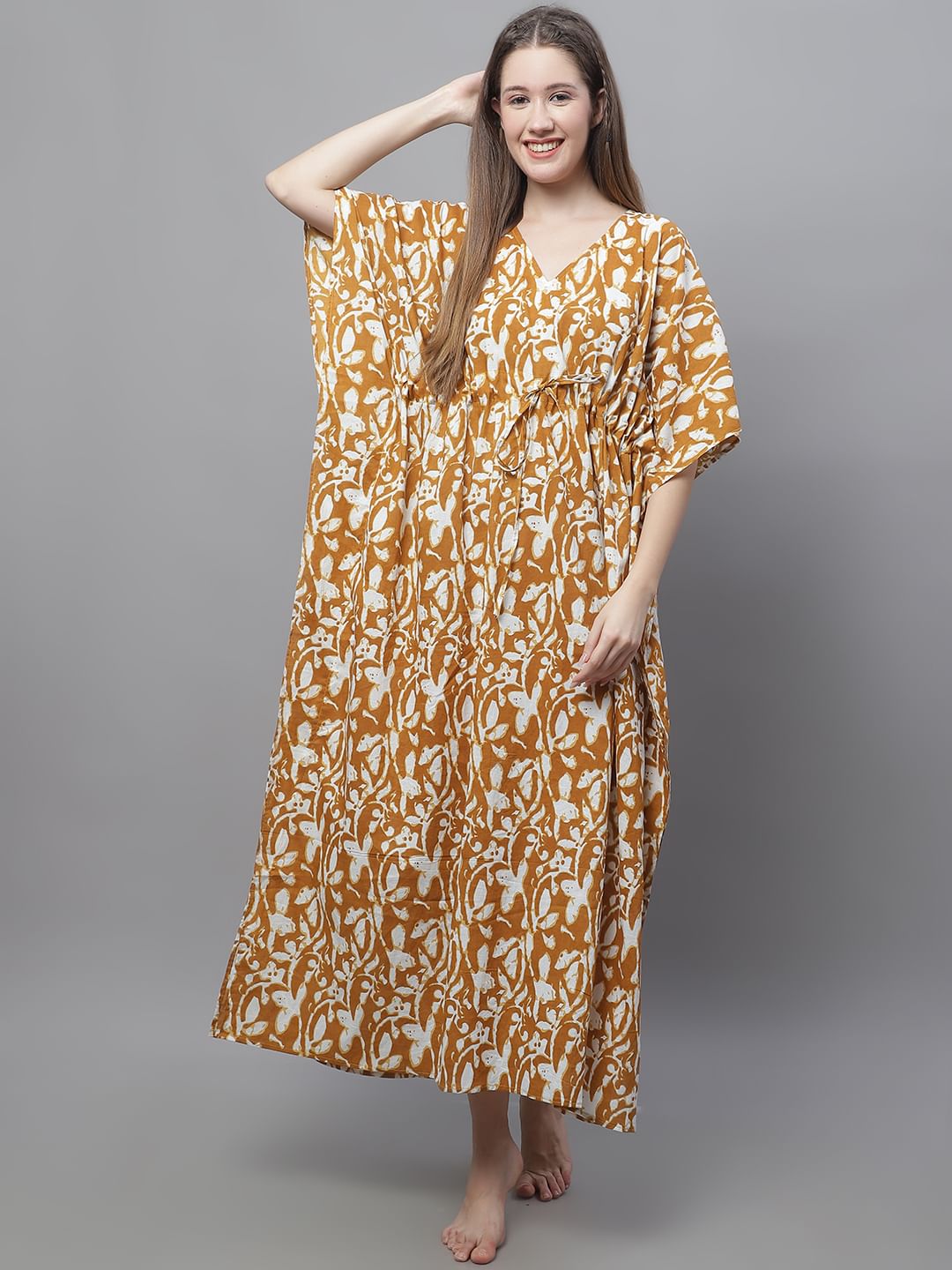 Mustard and White Floral Printed Kaftan Nighty