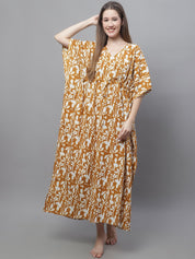 Mustard and White Floral Printed Kaftan Nighty