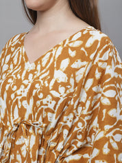 Mustard and White Floral Printed Kaftan Nighty