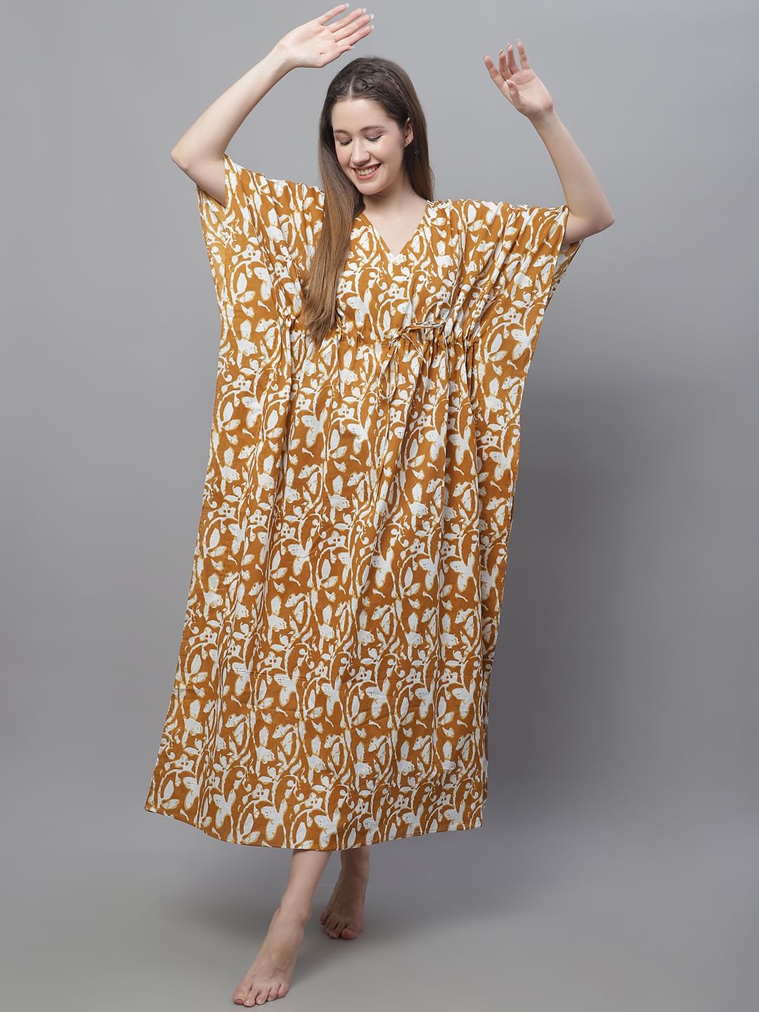 Mustard and White Floral Printed Kaftan Nighty