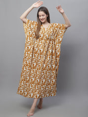 Mustard and White Floral Printed Kaftan Nighty