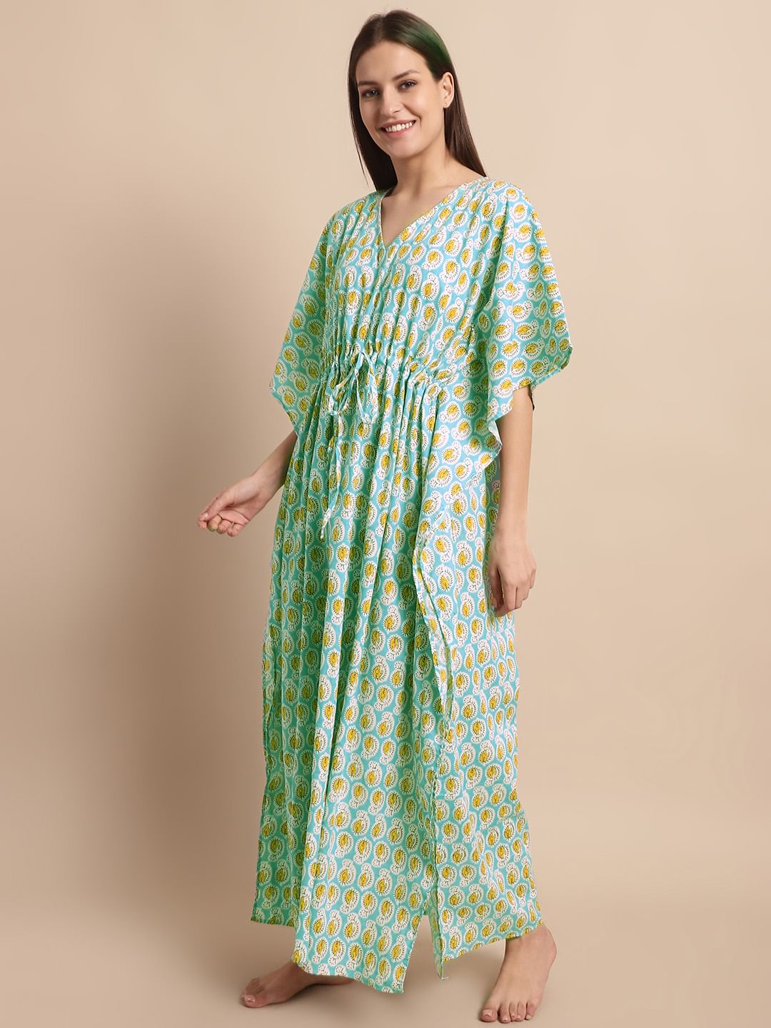 Sky Blue and Yellow Paisley Printed Kaftan Nighty
