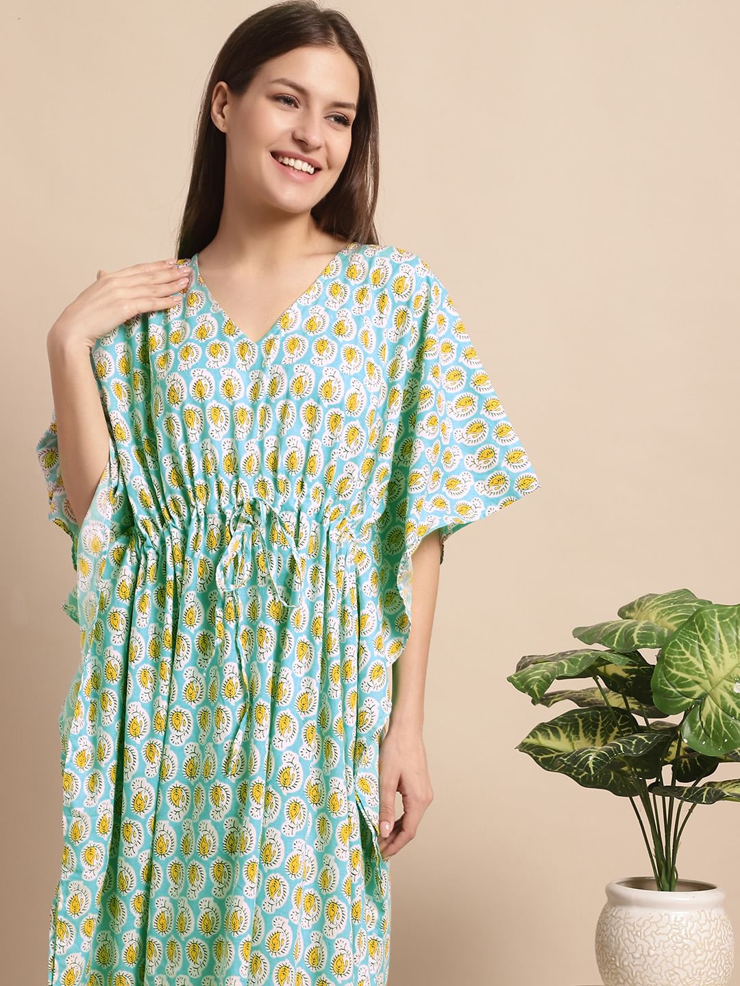 Sky Blue and Yellow Paisley Printed Kaftan Nighty