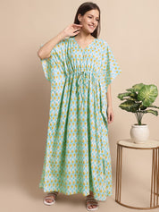 Sky Blue and Yellow Paisley Printed Kaftan Nighty