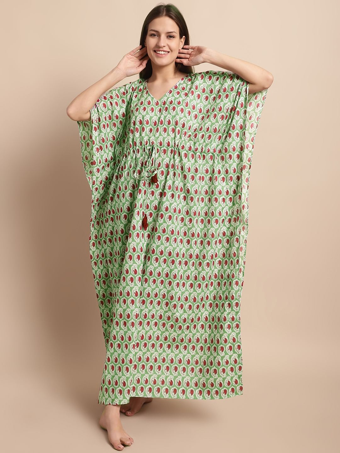 Green and Red Paisley Printed Kaftan Nighty