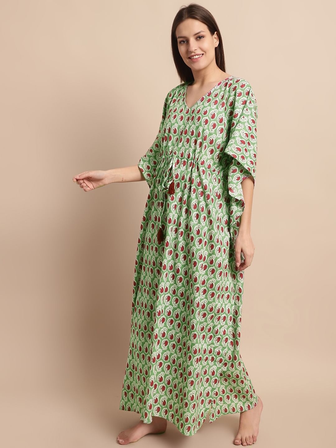 Green and Red Paisley Printed Kaftan Nighty