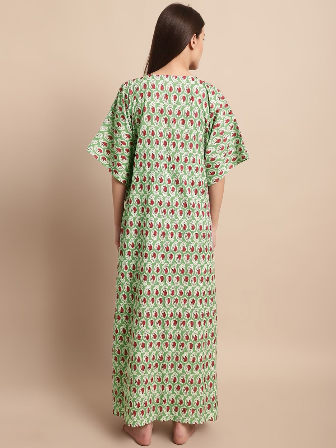Green and Red Paisley Printed Kaftan Nighty