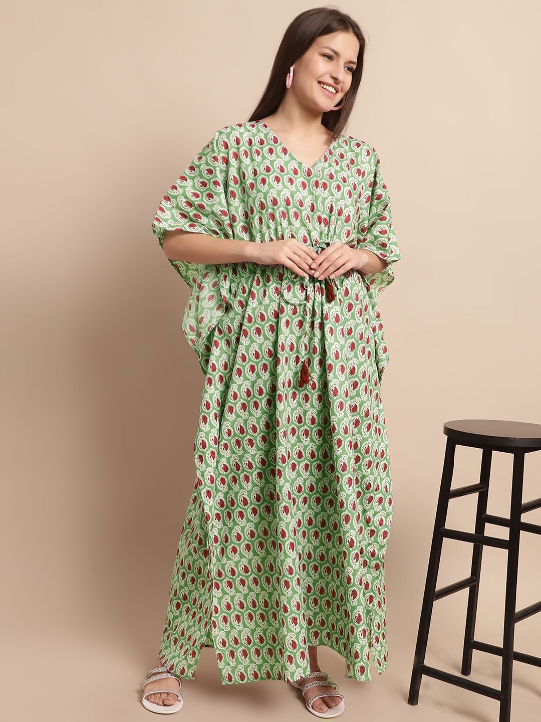 Green and Red Paisley Printed Kaftan Nighty