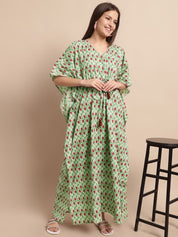 Green and Red Paisley Printed Kaftan Nighty