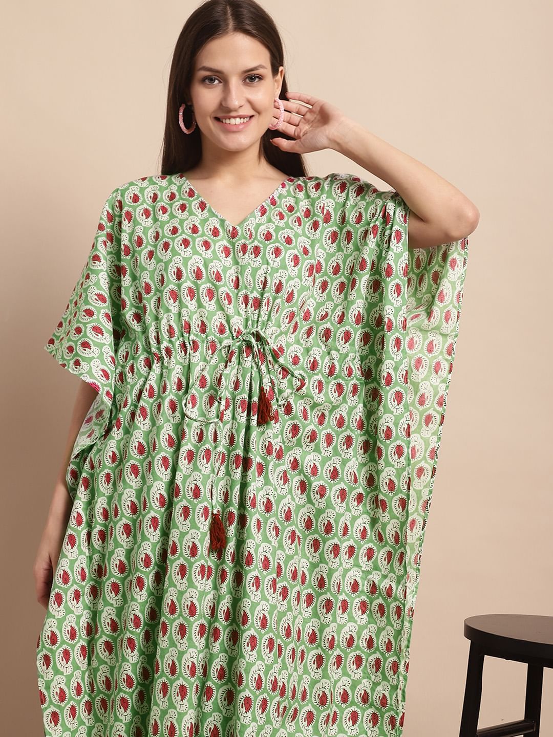 Green and Red Paisley Printed Kaftan Nighty