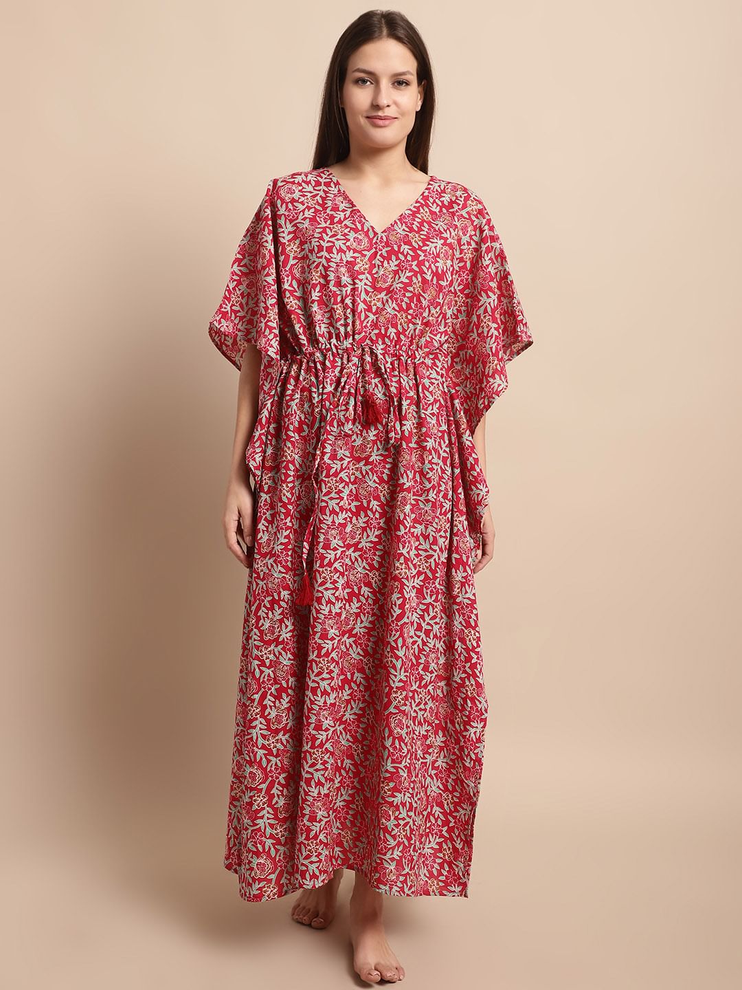 Maroon Floral Printed Kaftan Nighty