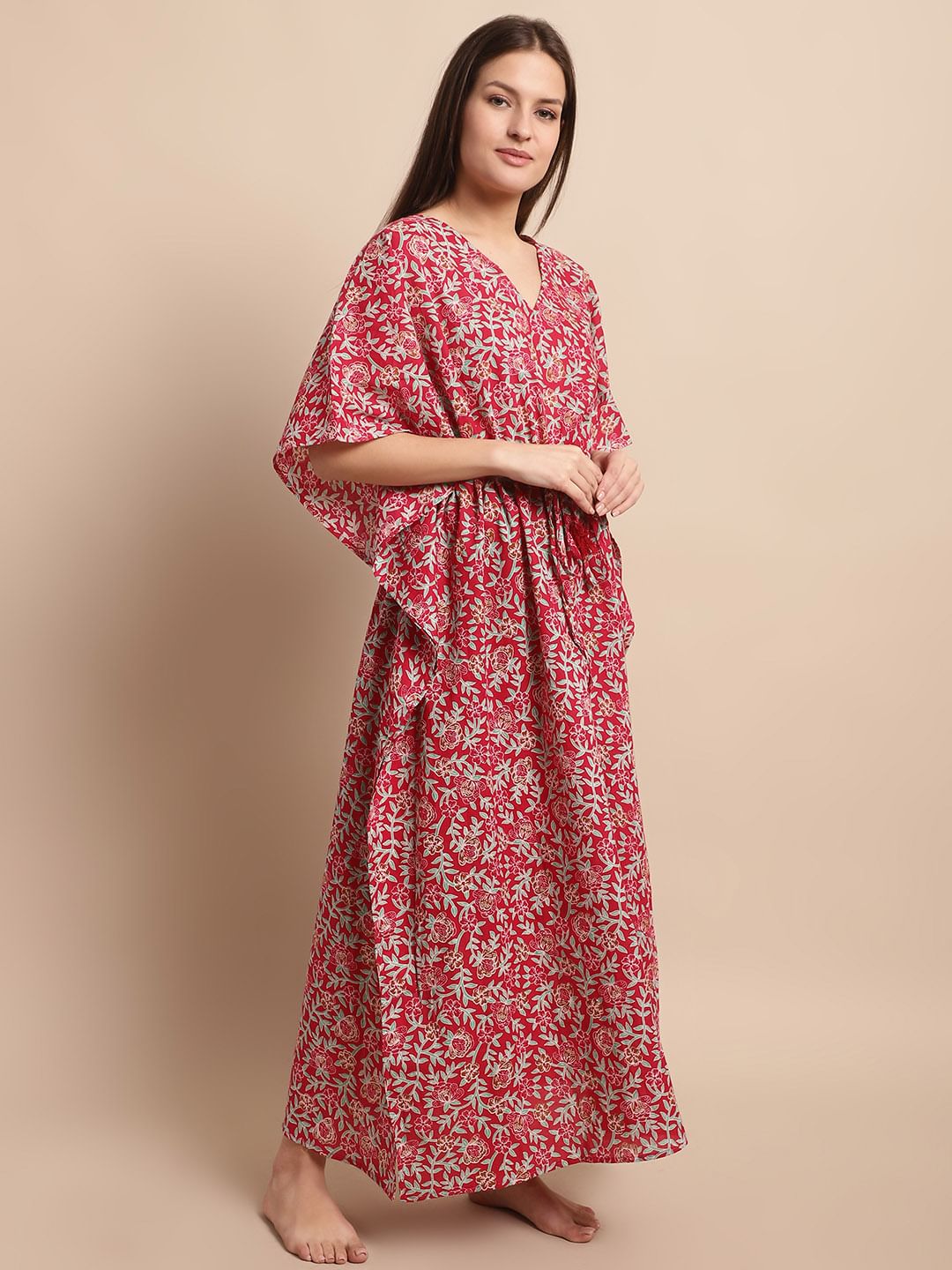 Maroon Floral Printed Kaftan Nighty