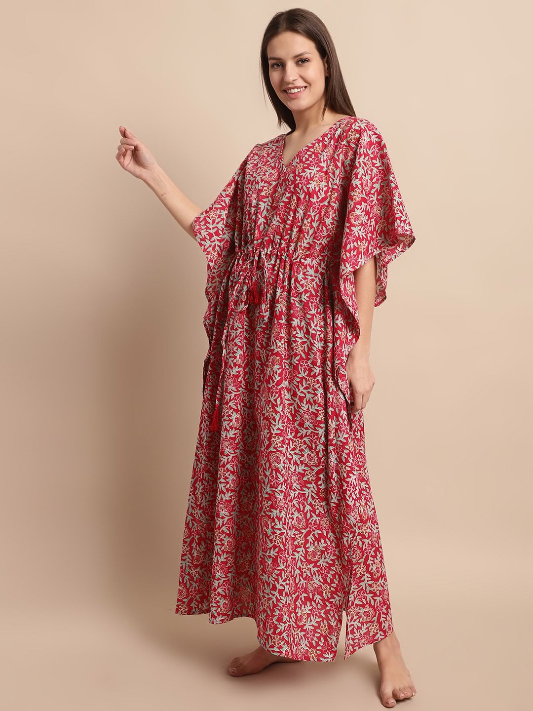 Maroon Floral Printed Kaftan Nighty