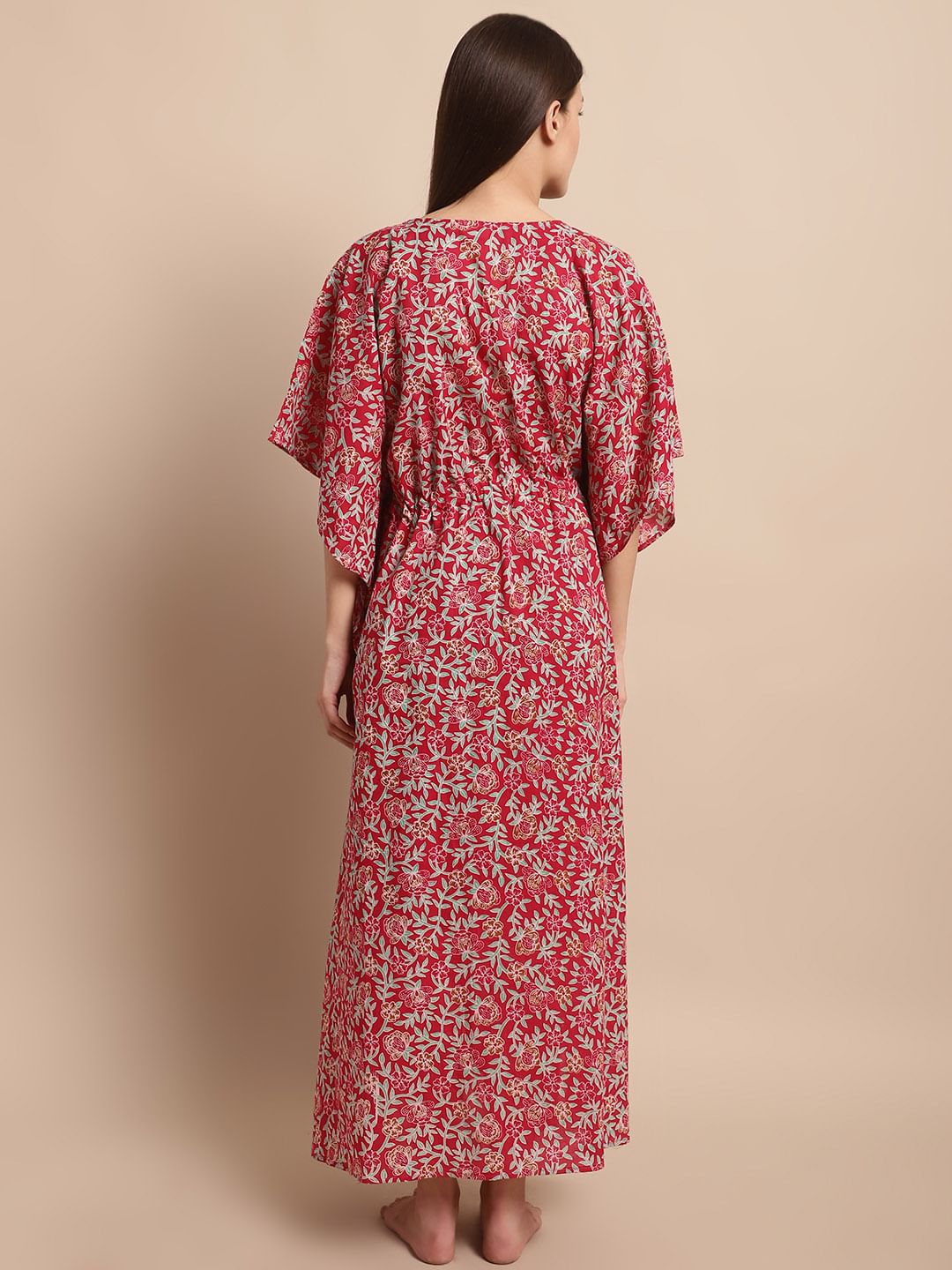 Maroon Floral Printed Kaftan Nighty