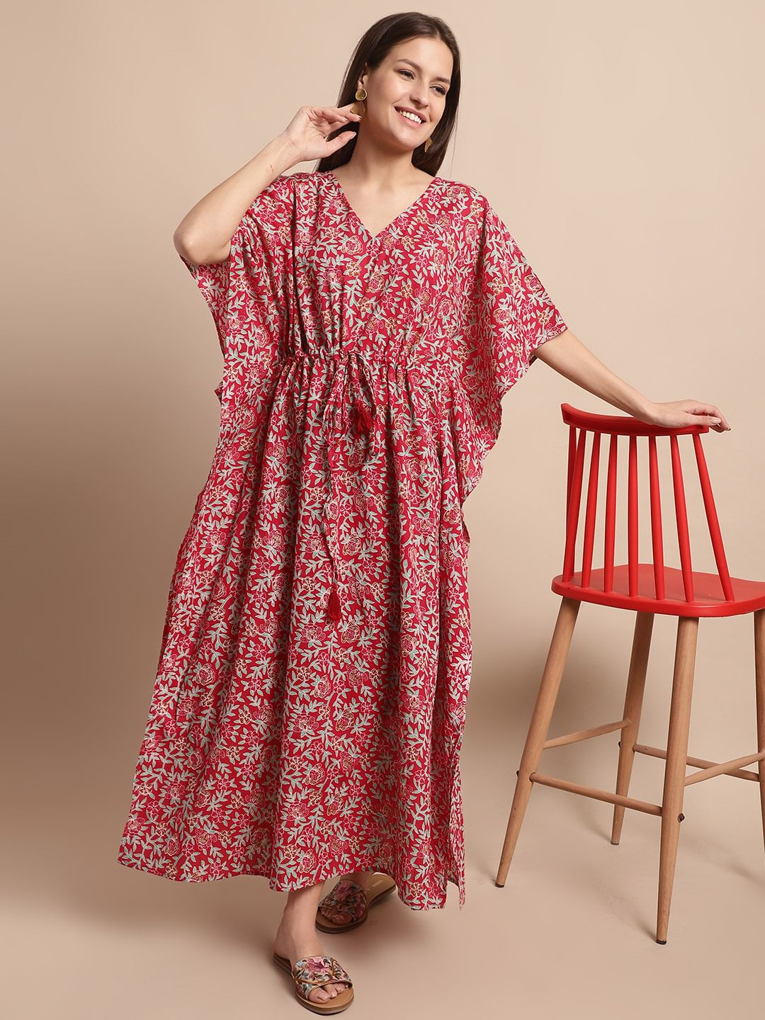 Maroon Floral Printed Kaftan Nighty