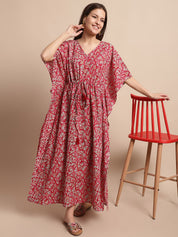 Maroon Floral Printed Kaftan Nighty