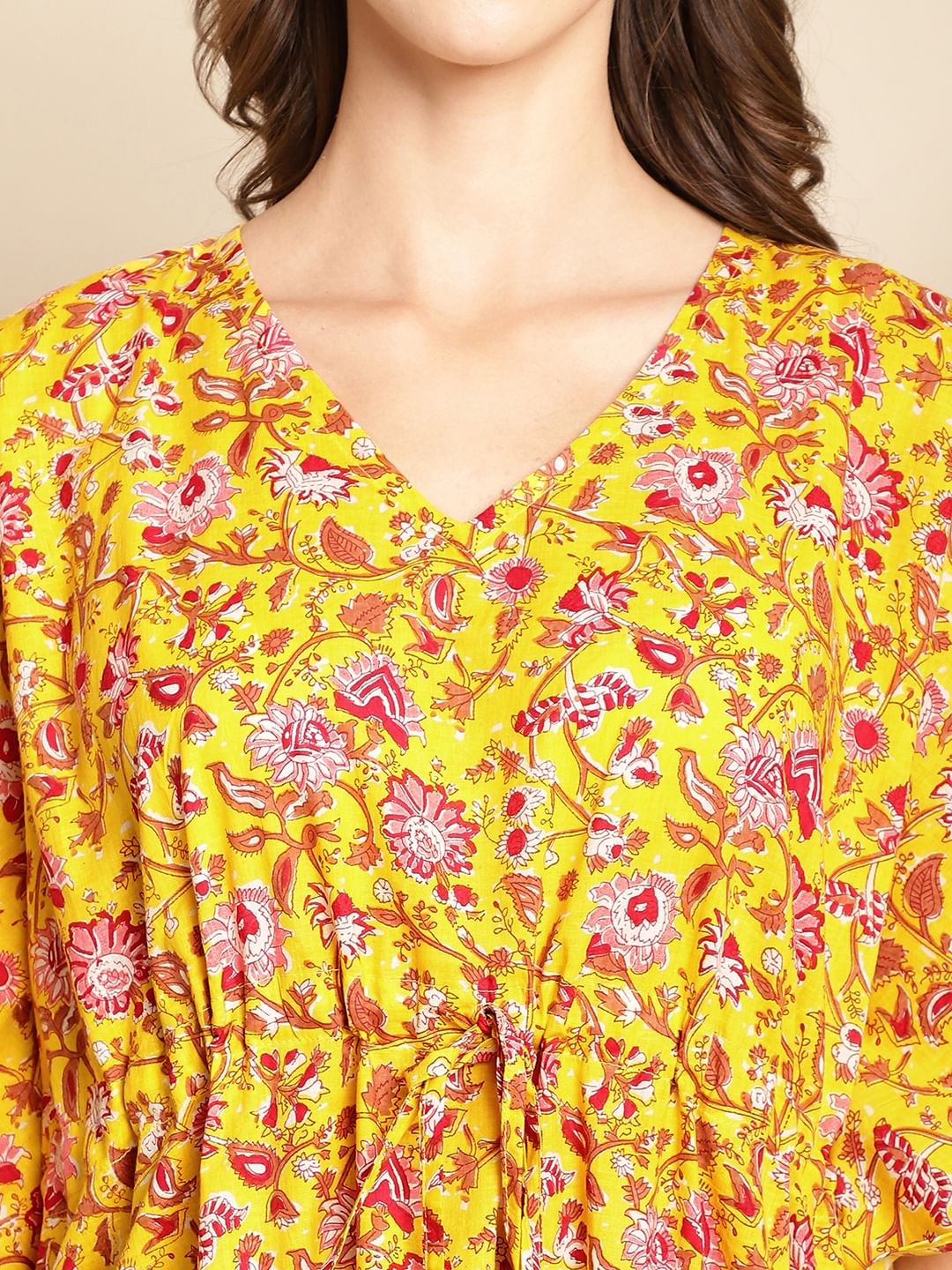 Floral Printed Yellow Kaftan