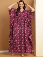 Purple Floral Print Cotton Kaftan Nighty