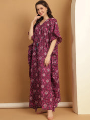 Purple Floral Print Cotton Kaftan Nighty