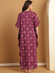 Purple Floral Print Cotton Kaftan Nighty