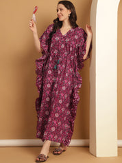 Purple Floral Print Cotton Kaftan Nighty