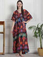 Abstract Print Black Cotton Kaftan Nighty