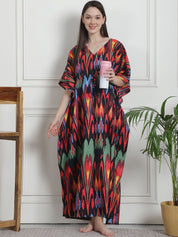 Abstract Print Black Cotton Kaftan Nighty