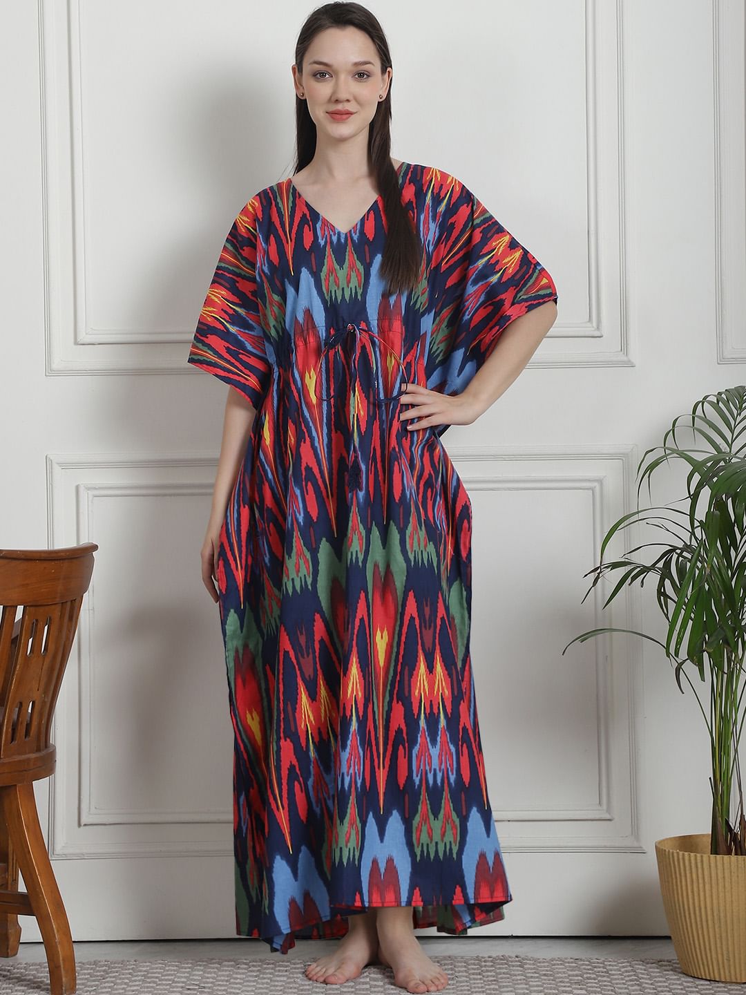 Abstract Print Blue Cotton Kaftan Nighty
