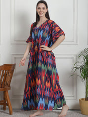 Abstract Print Blue Cotton Kaftan Nighty