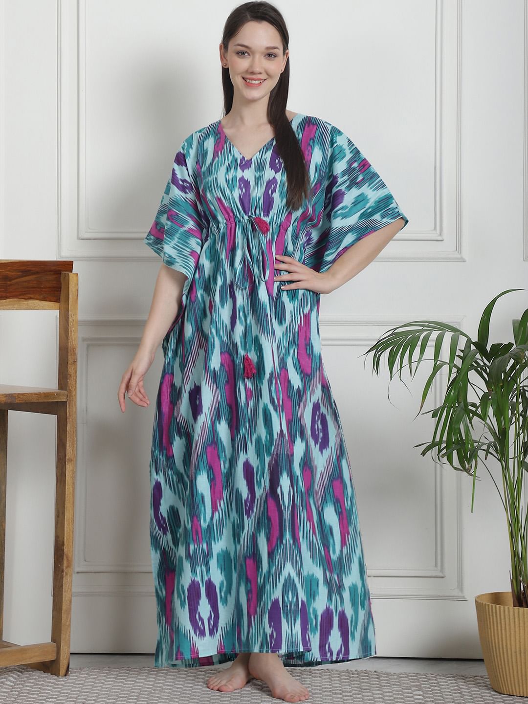 Abstract Print Green Cotton Kaftan Nighty