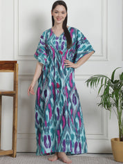 Abstract Print Green Cotton Kaftan Nighty