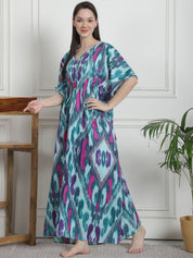 Abstract Print Green Cotton Kaftan Nighty