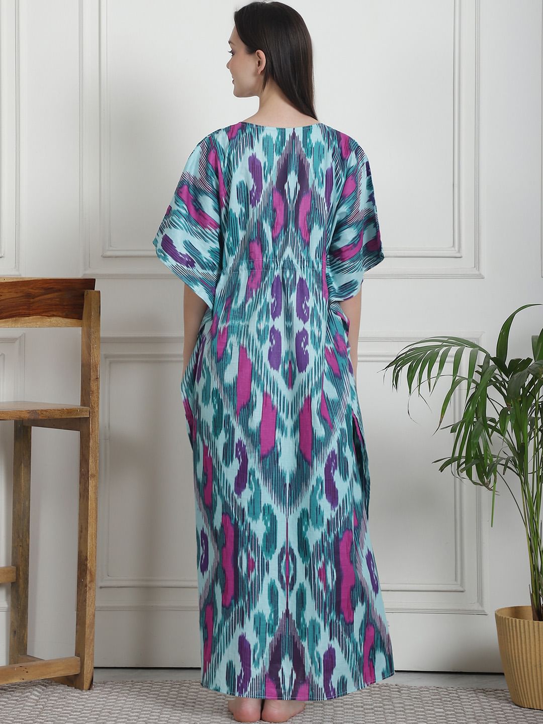 Abstract Print Green Cotton Kaftan Nighty