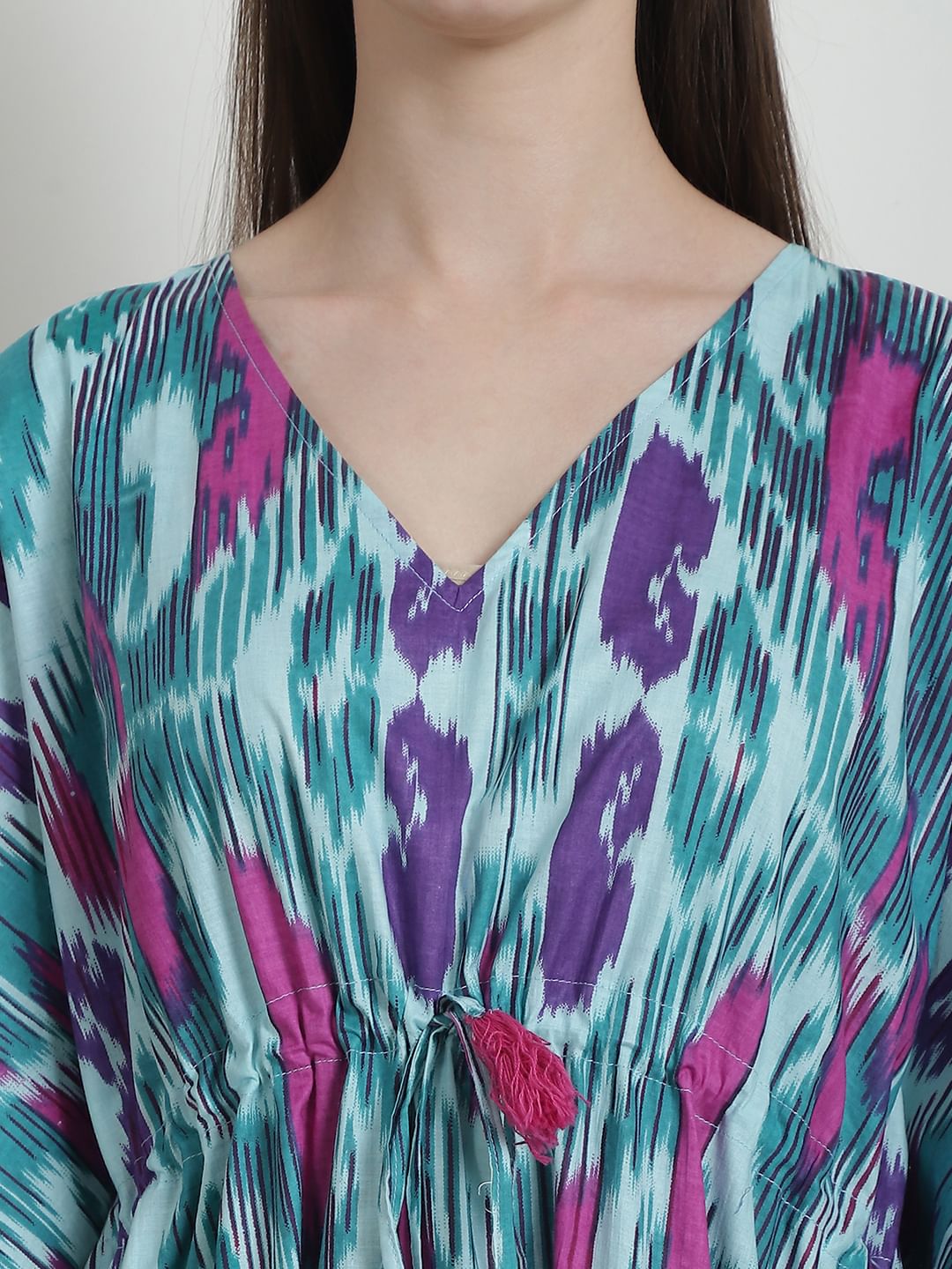 Abstract Print Green Cotton Kaftan Nighty