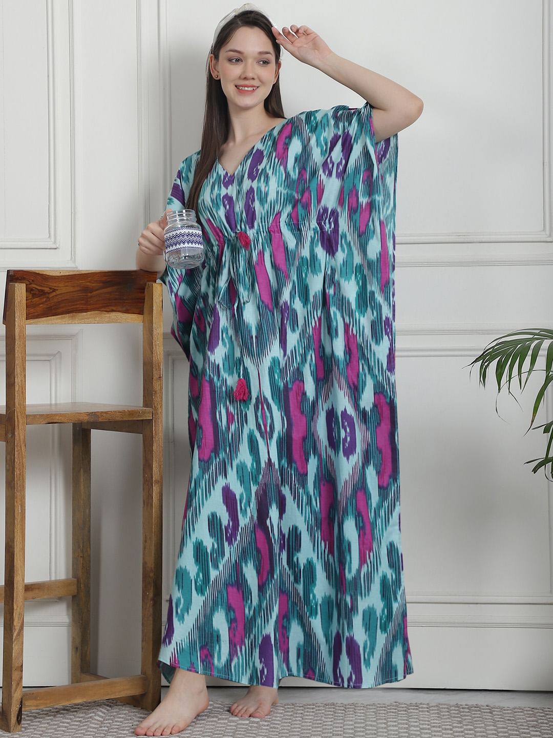 Abstract Print Green Cotton Kaftan Nighty