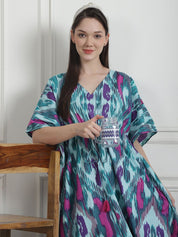 Abstract Print Green Cotton Kaftan Nighty