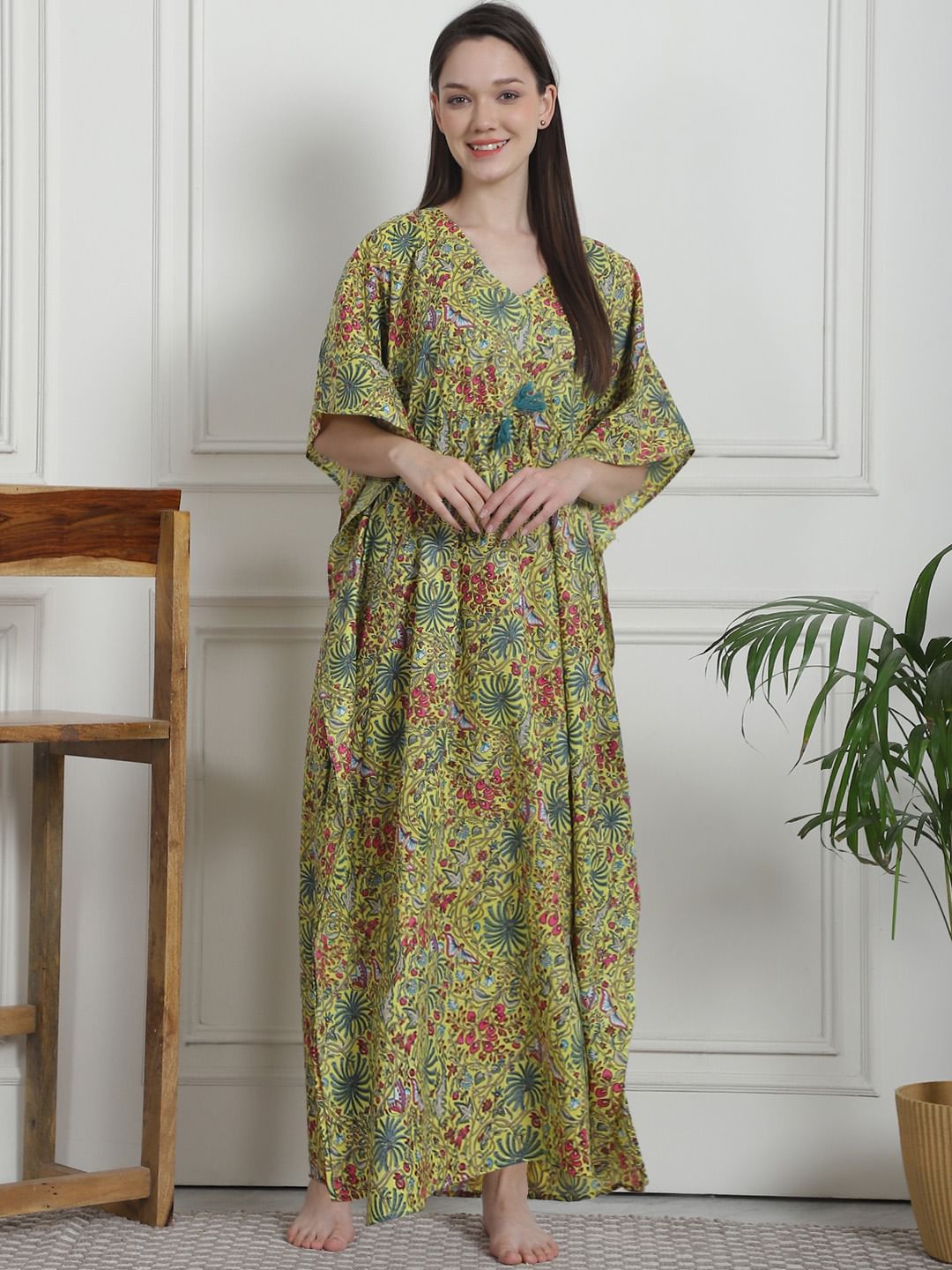 Floral Print Yellow Cotton Kaftan Nighty