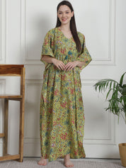 Floral Print Yellow Cotton Kaftan Nighty