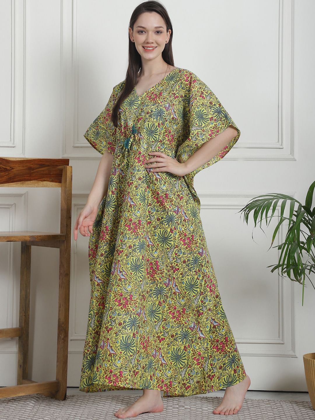 Floral Print Yellow Cotton Kaftan Nighty
