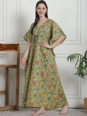 Floral Print Yellow Cotton Kaftan Nighty