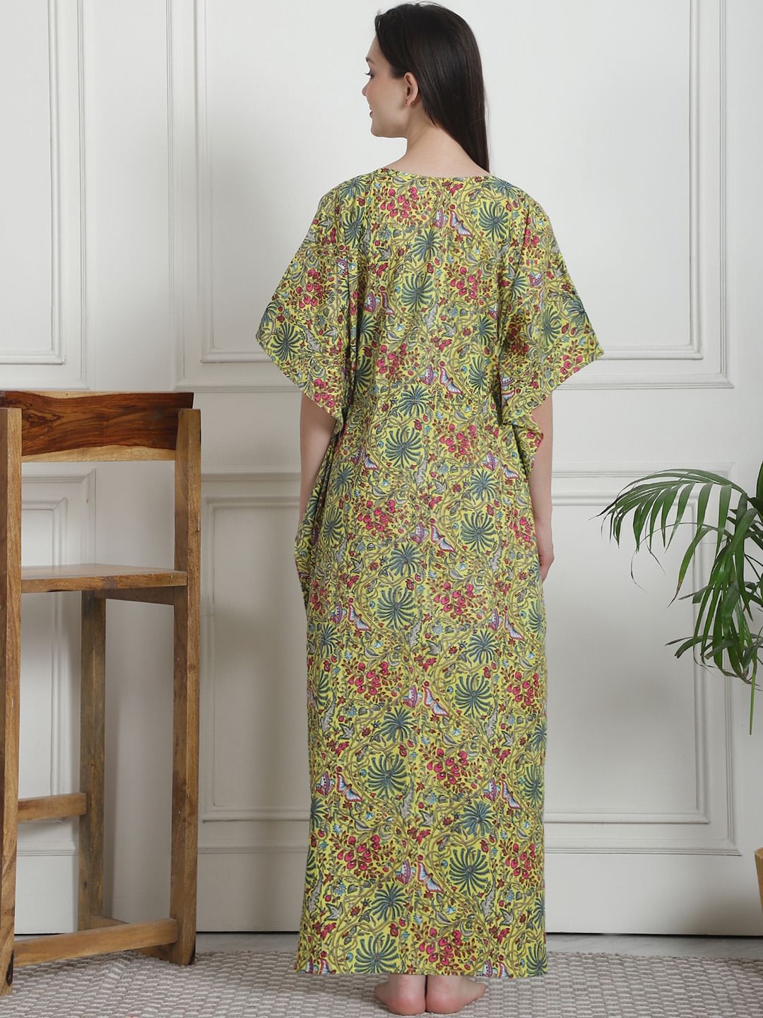 Floral Print Yellow Cotton Kaftan Nighty