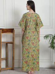 Floral Print Yellow Cotton Kaftan Nighty