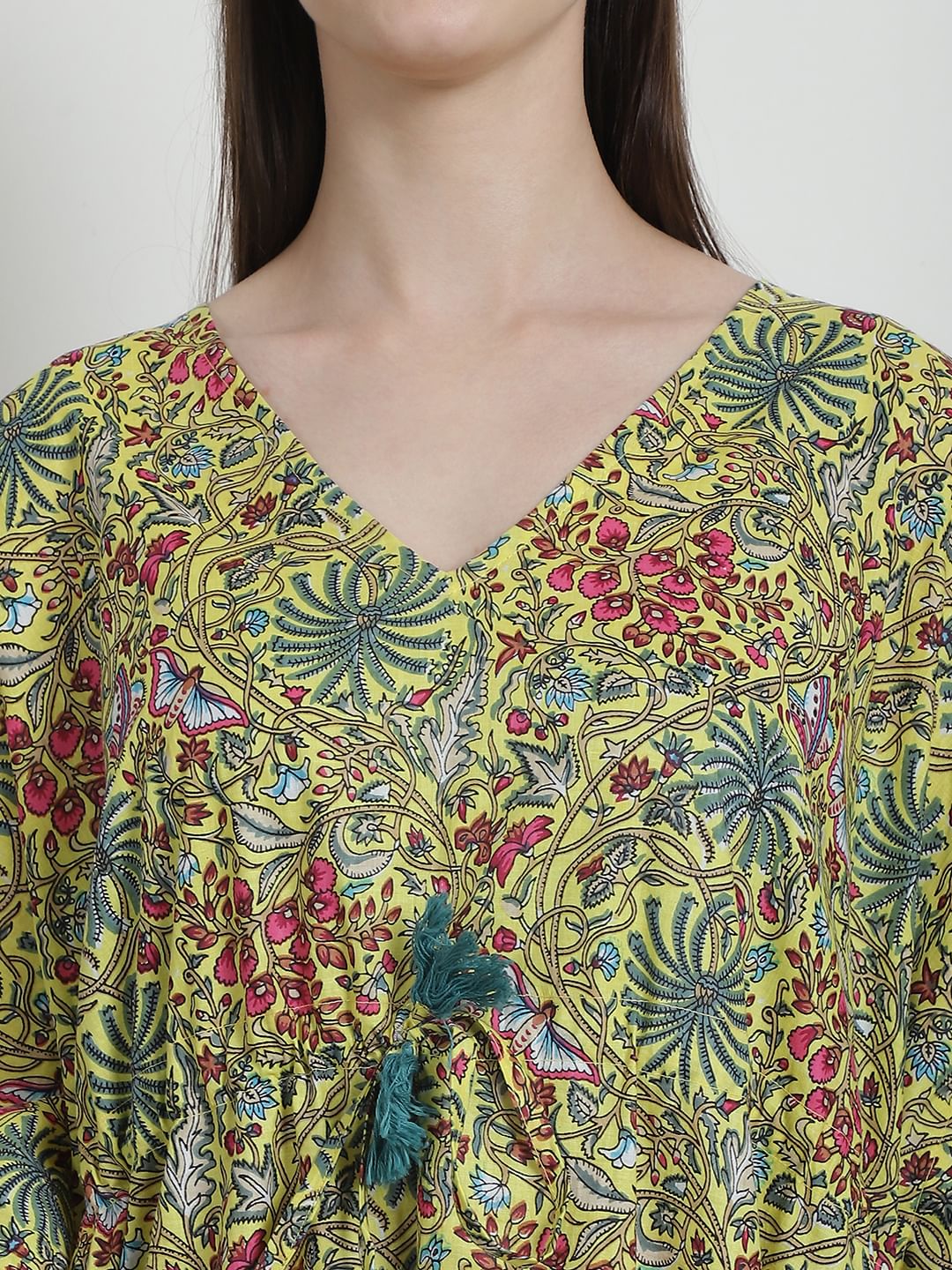 Floral Print Yellow Cotton Kaftan Nighty