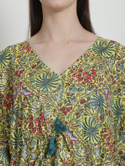 Floral Print Yellow Cotton Kaftan Nighty