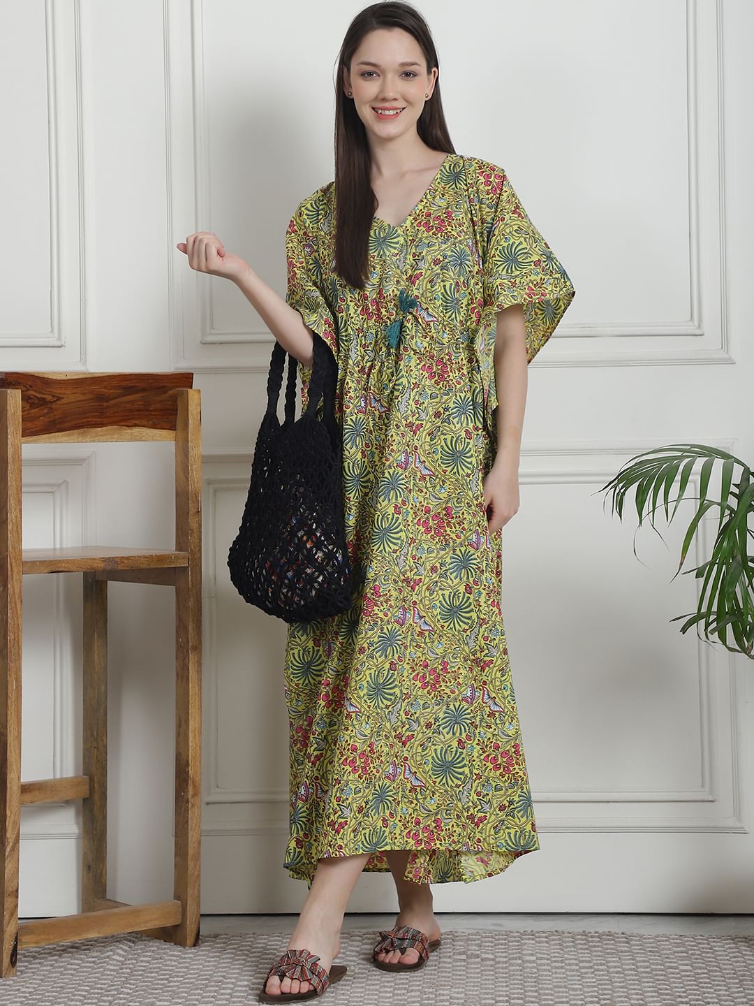 Floral Print Yellow Cotton Kaftan Nighty