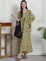 Floral Print Yellow Cotton Kaftan Nighty