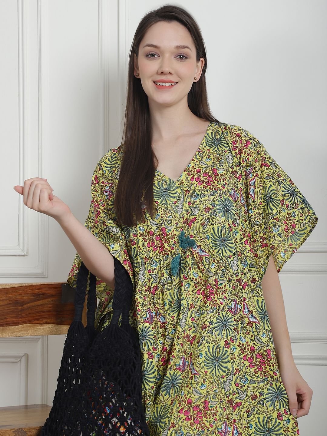 Floral Print Yellow Cotton Kaftan Nighty