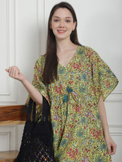 Floral Print Yellow Cotton Kaftan Nighty