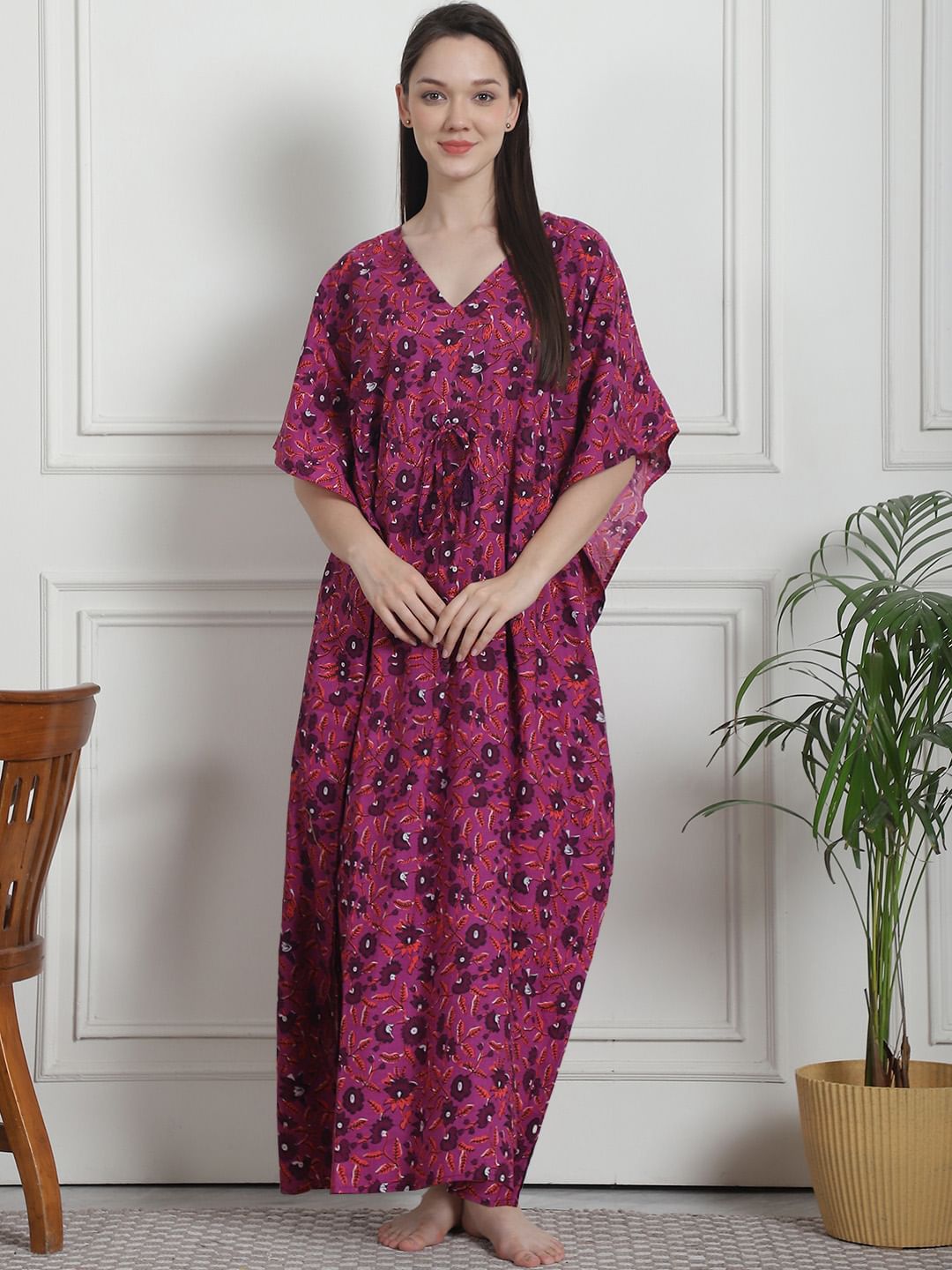 Floral Print Purple Cotton Kaftan Nighty